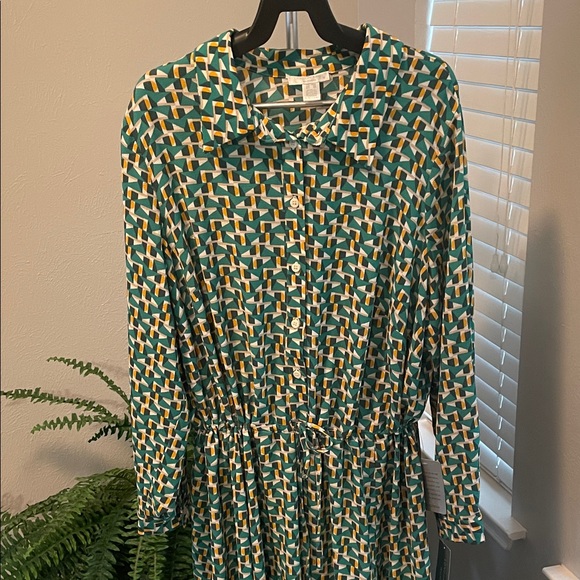 London Times Green, Gold and White Geometric Long Sleeve Dress - Picture 5 of 6